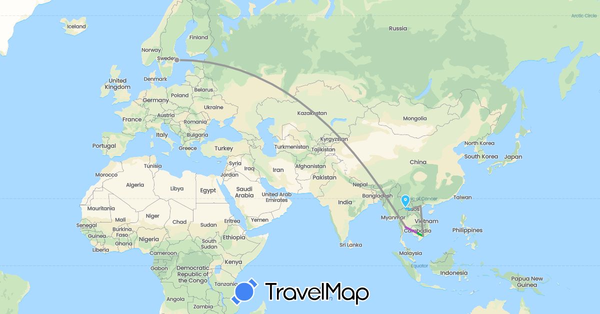 TravelMap itinerary: driving, bus, plane, train, boat in Cambodia, Laos, Sweden, Thailand, Vietnam (Asia, Europe)